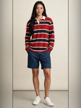 100 cotton Red Navy Striped Long Sleeve Rugby Polo